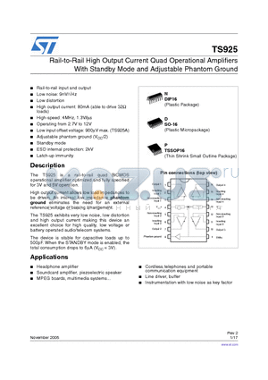 TS925IDT datasheet - RAIL TO RAIL HIGH OUTPUT CURRENT QUAD OPERATIONAL AMPLIFIER With Standby Mode and Adjustable Phantom Ground