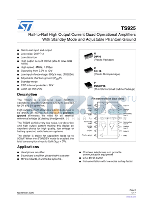 TS925IPT datasheet - RAIL TO RAIL HIGH OUTPUT CURRENT QUAD OPERATIONAL AMPLIFIER With Standby Mode and Adjustable Phantom Ground