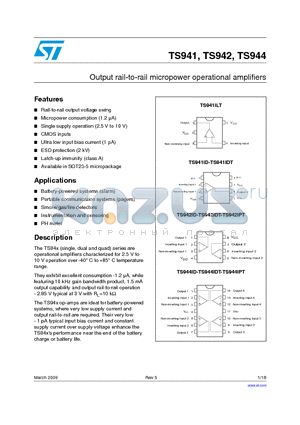 TS941 datasheet - Output rail-to-rail micropower operational amplifiers