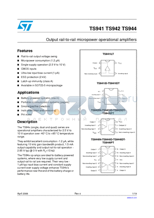 TS941BILT datasheet - Output rail-to-rail micropower operational amplifiers