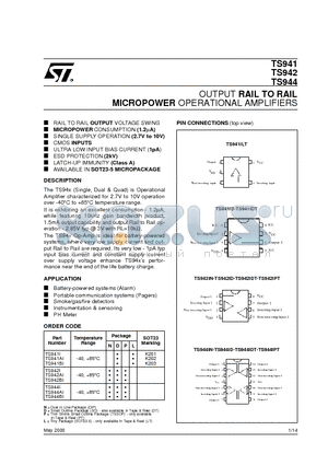 TS942IN datasheet - OUTPUT RAIL TO RAIL MICROPOWER OPERATIONAL AMPLIFIERS