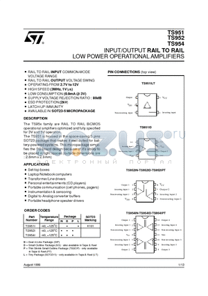 TS951I datasheet - INPUT/OUTPUT RAIL TO RAIL LOW POWER OPERATIONAL AMPLIFIERS