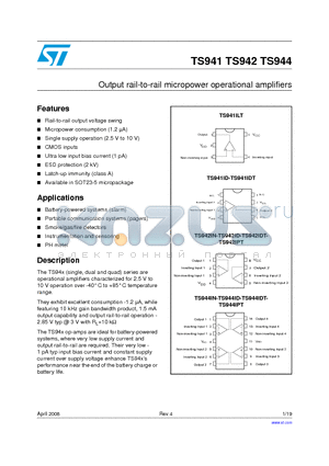 TS944IDT datasheet - Output rail-to-rail micropower operational amplifiers