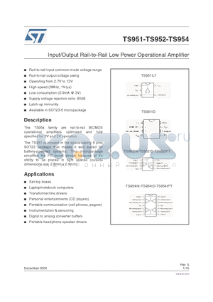 TS951IN datasheet - Input/Output Rail-to-Rail Low Power Operational Amplifier