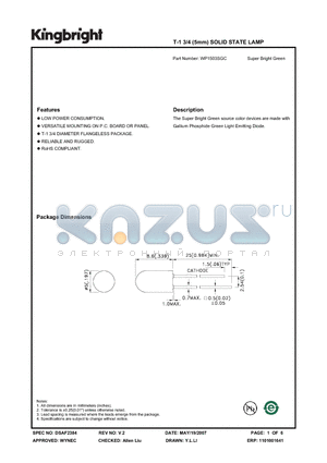 WP1503SGC datasheet - T-1 3/4 (5mm) SOLID STATE LAMP Super Bright Green