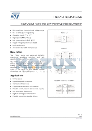 TS952 datasheet - Input/Output Rail-to-Rail Low Power Operational Amplifier