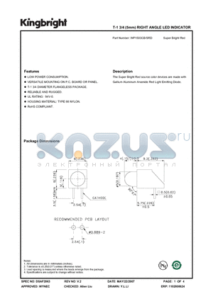 WP1503CB/SRD datasheet - T-1 3/4 (5mm) RIGHT ANGLE LED INDICATOR