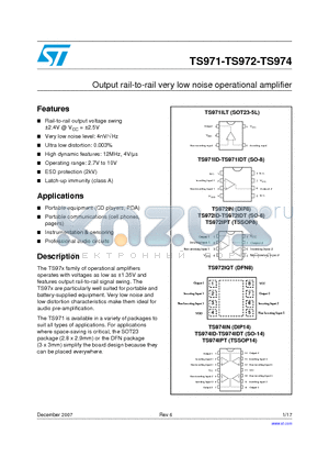 TS971ILT datasheet - Output rail-to-rail very low noise operational amplifier