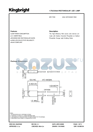 WP1773ID datasheet - 1.75x3.9mm RECTANGULAR LED LAMP