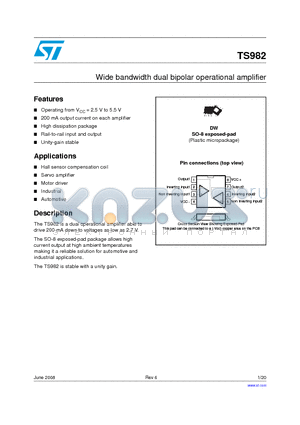 TS982IDW datasheet - Wide bandwidth dual bipolar operational amplifier