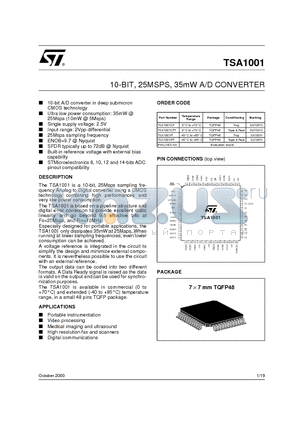 TSA1001CF datasheet - 10-BIT, 25MSPS, 35mW A/D CONVERTER