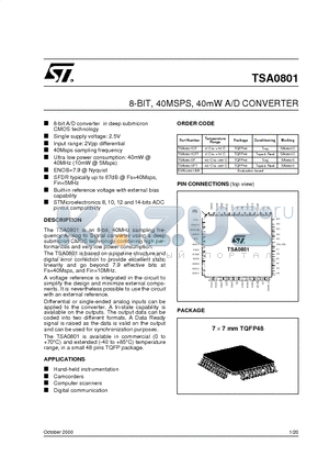 TSA0801IFT datasheet - 8-BIT, 40MSPS, 40mW A/D CONVERTER
