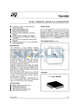 TSA1002 datasheet - 10-BIT, 50MSPS, 50mW A/D CONVERTER