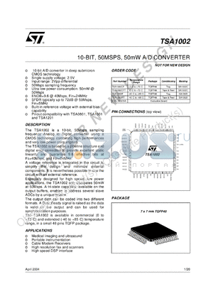 TSA1002 datasheet - 10-BIT, 50MSPS, 50mW A/D CONVERTER