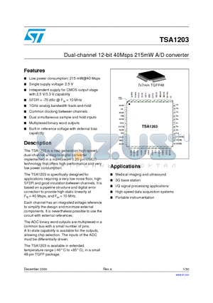 TSA1203IF datasheet - Dual-channel 12-bit 40Msps 215mW A/D converter