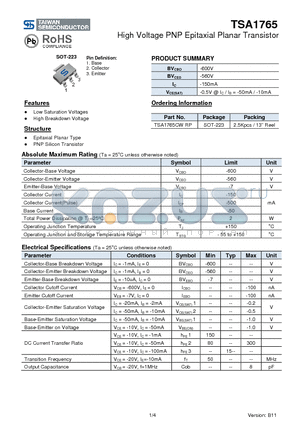 TSA1765 datasheet - High Voltage PNP Epitaxial Planar Transistor
