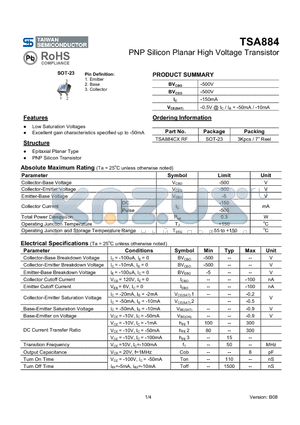 TSA884CXRF datasheet - PNP Silicon Planar High Voltage Transistor