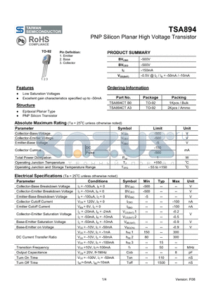 TSA894 datasheet - PNP Silicon Planar High Voltage Transistor