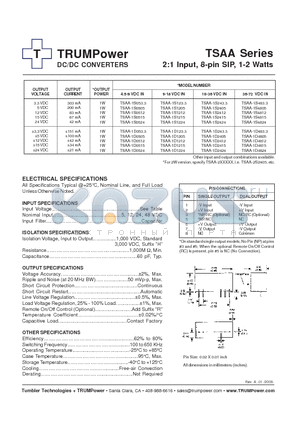 TSAA-1S4805 datasheet - DC/DC CONVERTERS 2:1 Input, 8-pin SIP, 1-2 Watts