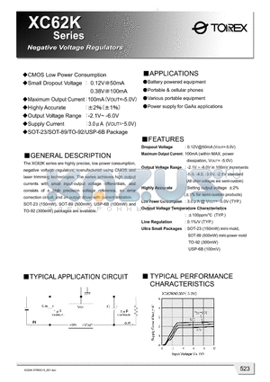 XC62KN211PL datasheet - Negative Voltage Regulaters