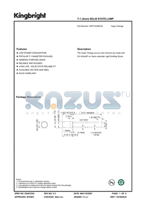 WP7104SEC/E datasheet - T-1 (3mm) SOLID STATE LAMP Hyper Orange