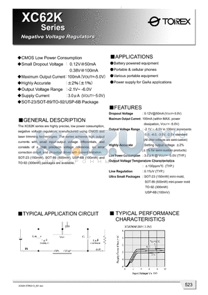 XC62KN352MH datasheet - Negative Voltage Regulaters