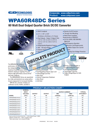 WPA60R48D3318C datasheet - 60 Watt Dual Output Quarter Brick DC/DC Converter