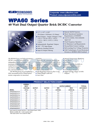 WPA60R48D3325 datasheet - 60 WATT DUAL OUTPUT QUARTER BRICK DC/DC CONVERTER