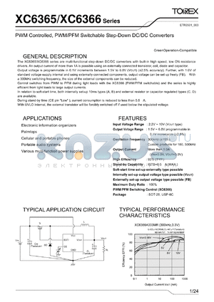 XC6365D155ER datasheet - PWM Controlled, PWM/PFM Switchable Step-Down DC/DC Converters