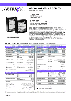 WR12S12/1250MP datasheet - 15 Watt Wide input DC/DC converters