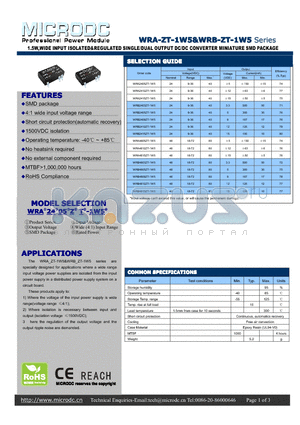WRA-ZT-1W5 datasheet - 1.5W,WIDE INPUT ISOLATED&REGULATED SINGLE/DUAL OUTPUT DC/DC CONVERTER MINIATURE SMD PACKAGE