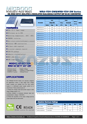 WRA1212YDV-3W datasheet - 3W,WIDE INPUT, ISOLATED & REGULATED DUAL/SINGLE OUTPUT DIP DC-DC CONVERTER