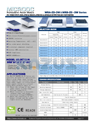 WRA2405ZD-3W datasheet - 3W,WIDEINPUT, ISOLATED&REGULATEDDUAL/SINGLEOUTPUTDC-DCCONVERTER