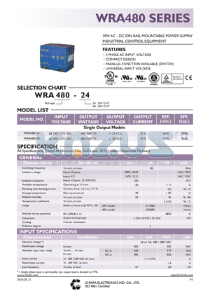 WRA480-24 datasheet - 3PH AC - DC RAIL MOUNTABLE POWER SUPPLY INDUSTRIAL CONTROL EQUIPMENT