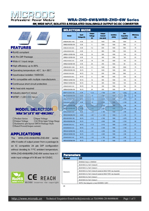 WRA4809ZHD-330 datasheet - 6W,WIDE INPUT, ISOLATED & REGULATEDDUAL/SINGLEOUTPUTDC-DCCONVERTER