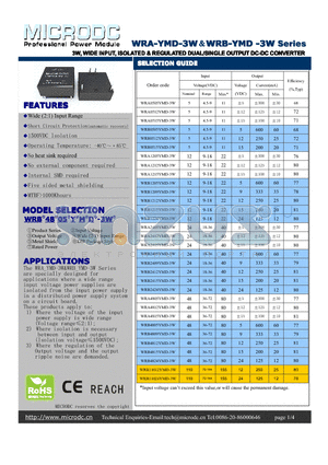 WRB0512YMD-3W datasheet - 3W,WIDE INPUT, ISOLATED & REGULATEDDUAL/SINGLEOUTPUTDC-DCCONVERTER