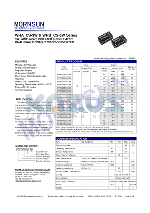 WRB1205CS-3W datasheet - DUAL/SINGLE OUTPUT DC-DC CONVERTER