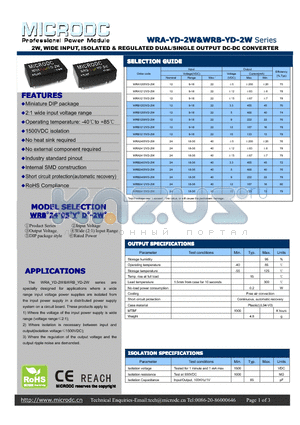 WRB1209YD-2W datasheet - 2W, WIDE INPUT, ISOLATED & REGULATED DUAL/SINGLE OUTPUT DC-DC CONVERTER