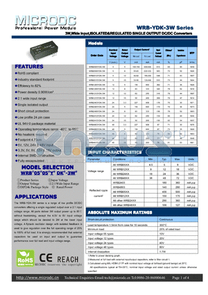 WRB4815YDK-3W datasheet - 3W,Wide Input,ISOLATED&REGULATEDSINGLEOUTPUT DC/DCConverters