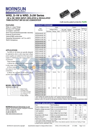 WRD480505S-1W datasheet - TWIN OUTPUT SIP DC-DC CONVERTER