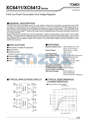 XC6411 datasheet - 0.8uA Low Power Consumption Dual Voltage Regulator