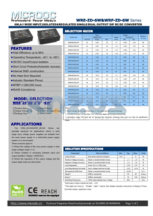 WRF4815ZD-6W datasheet - 6W,4:1 WIDE INPUT,ISOLATED&REGULATED SINGLE/DUAL OUTPUT DIP DC/DC CONVERTER