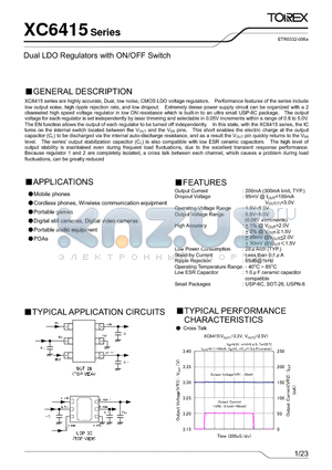 XC6415BD01ER-G datasheet - Dual LDO Regulators with ON/OFF Switch