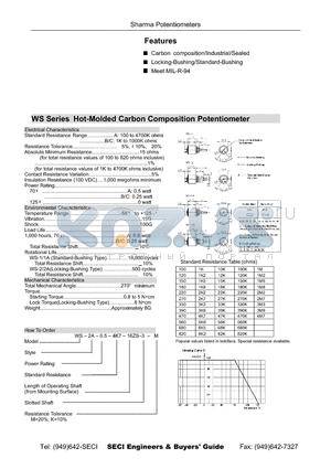 WS-2B-0.25-1K-16ZS-3-K datasheet - WS Series Hot-Molded Carbon Composition Potentiometer