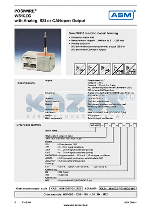 WS10ZG-100-10V-L10 datasheet - Analog, SSI or CANopen Output