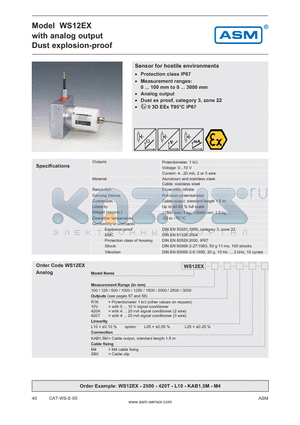 WS12-1000-420A-L25 datasheet - analog output Dust explosion-proof