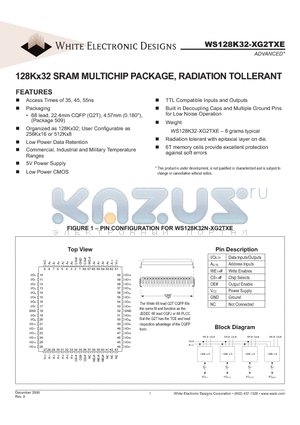 WS128K32N-55G2TME datasheet - 128Kx32 SRAM MULTICHIP PACKAGE, RADIATION TOLLERANT