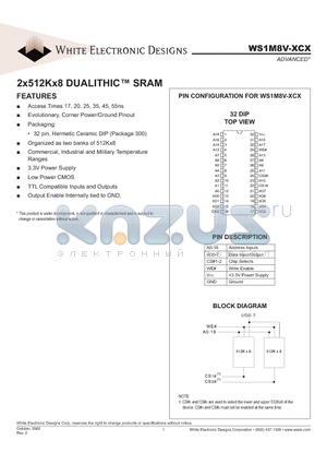 WS1M8V-55CCA datasheet - 2x512Kx8 DUALITHICTM SRAM