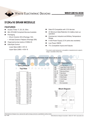 WS512K16-20DLIA datasheet - 512Kx16 SRAM MODULE