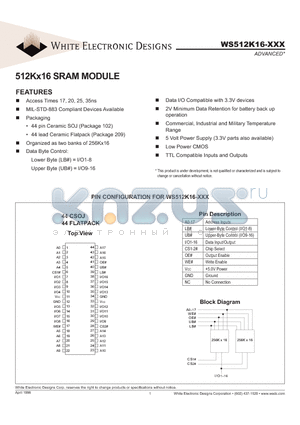 WS512K16-25DLI datasheet - 512Kx16 SRAM MODULE